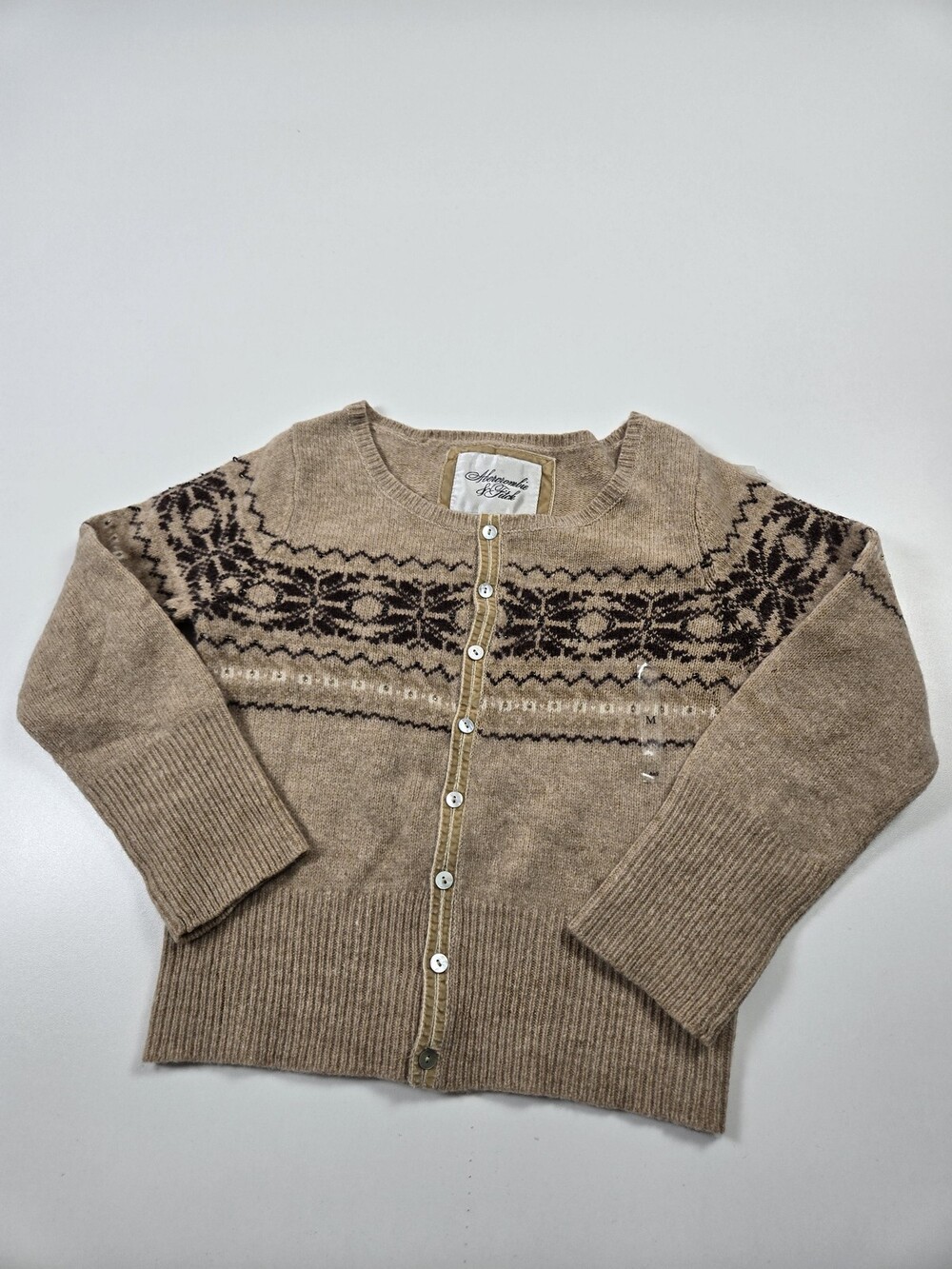 Abercrombie & Fitch Sweater Youth Medium Beige Fair Isle Beaded Cardigan Wool